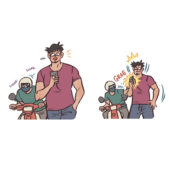 Malaysian artist cartoon showing her life with tall geeky husband, highlighting their playful and relatable contrasts.