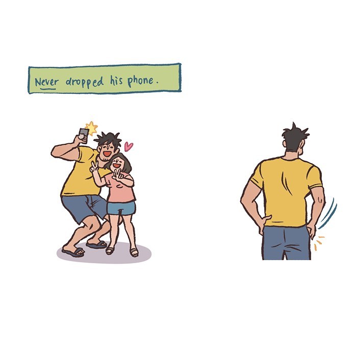 Malaysian artist cartoon showing her life with tall geeky husband, highlighting their playful and relatable contrasts.