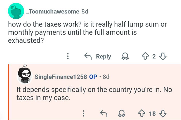 Screenshot of an online discussion about taxes on lottery winnings by a person who won $7M in the lottery.