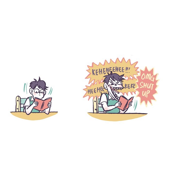 Malaysian artist’s relatable cartoon shows a young man reading a book with changing expressions over time.