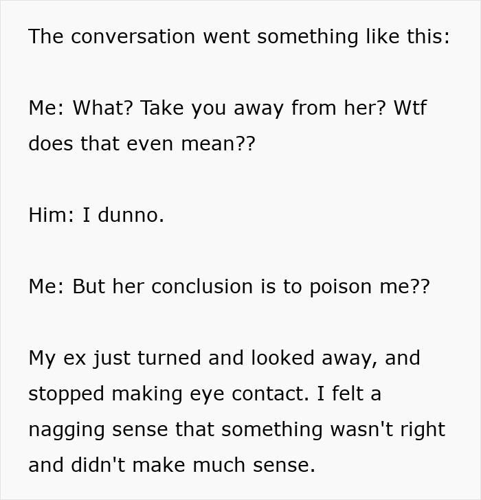 Text conversation about confusion and suspicion related to homemade food causing illness in a girlfriend and ex-partner interaction. Text conversation about confusion and suspicion related to homemade food causing illness in a girlfriend and ex-partner interaction.
