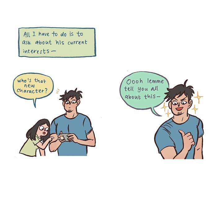 Malaysian artist cartoon showing a woman shyly kicking a pebble and two women chatting about conversation struggles.