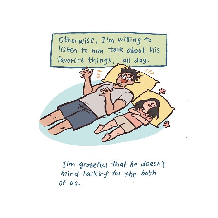 Malaysian artist cartoon showing a woman shyly kicking a pebble and two women chatting about conversation struggles.