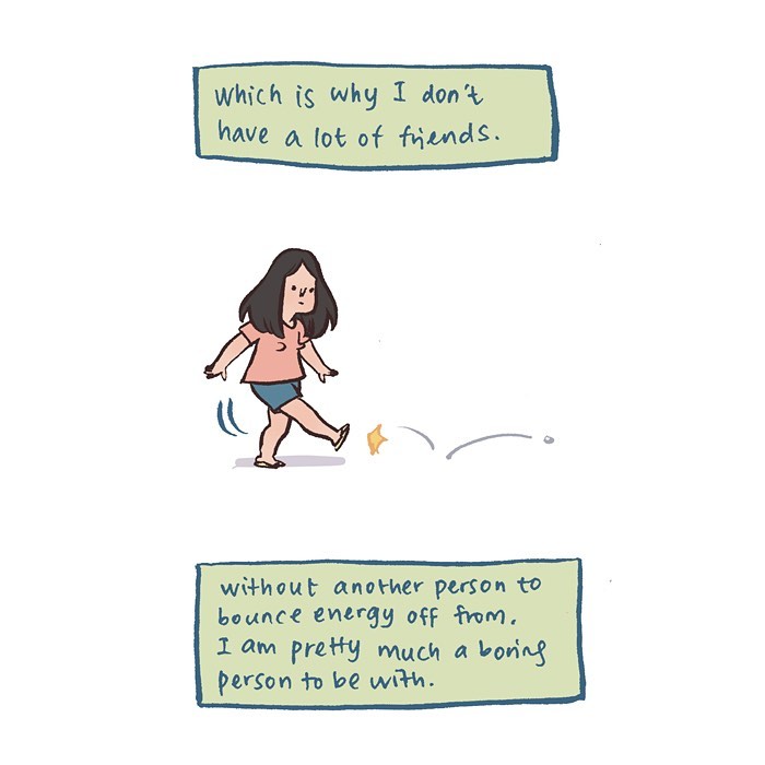 Malaysian artist cartoon showing a woman shyly kicking a pebble and two women chatting about conversation struggles.