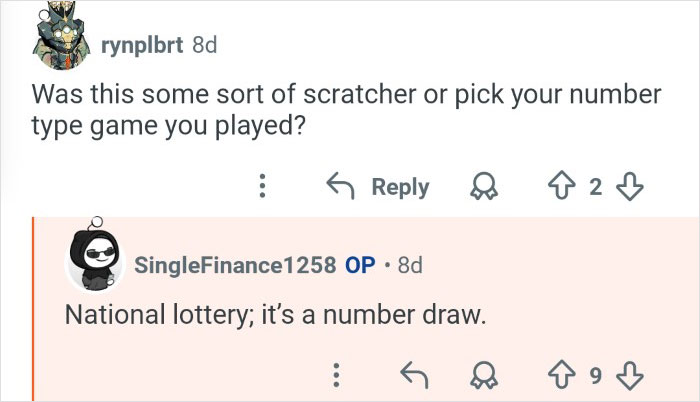 Screenshot of a Reddit conversation discussing the national lottery and number draw game details.
