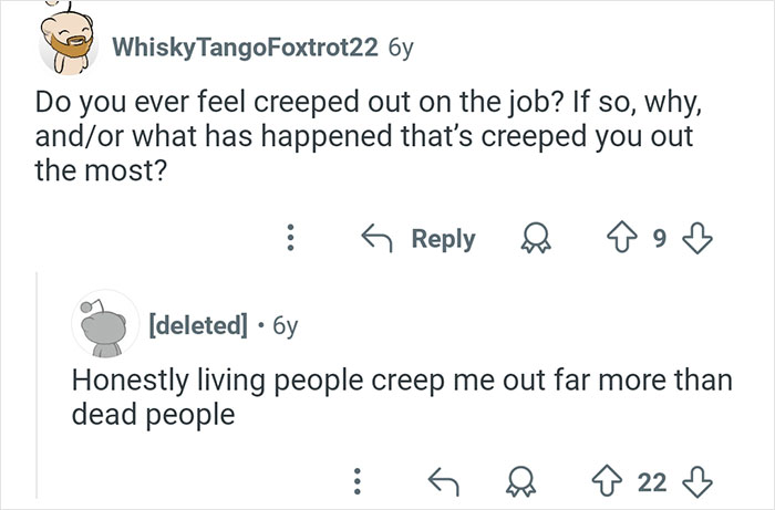 Reddit conversation about feeling creeped out on the job, related to creepy and interesting stories from coroners.