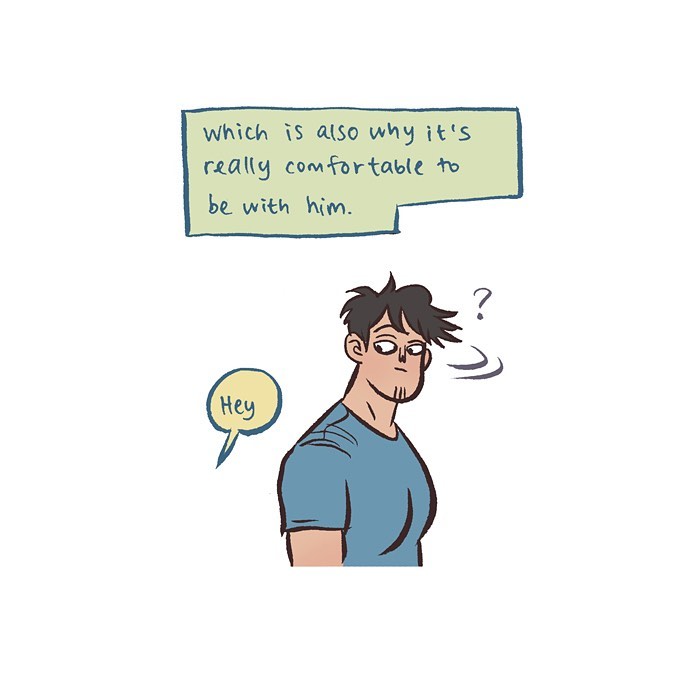 Malaysian artist cartoon showing a woman shyly kicking a pebble and two women chatting about conversation struggles.