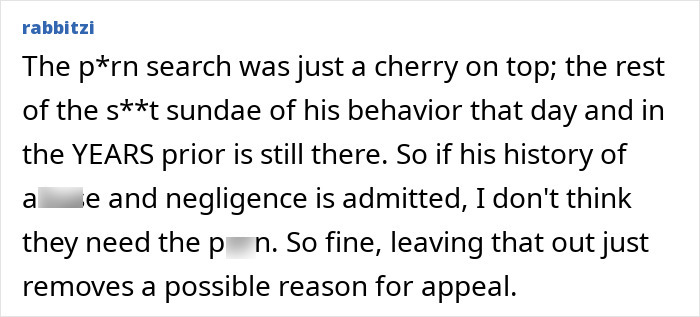 Comment discussing dad&rsquo;s adult video search and negligence while 2-year-old daughter died in a hot car incident.