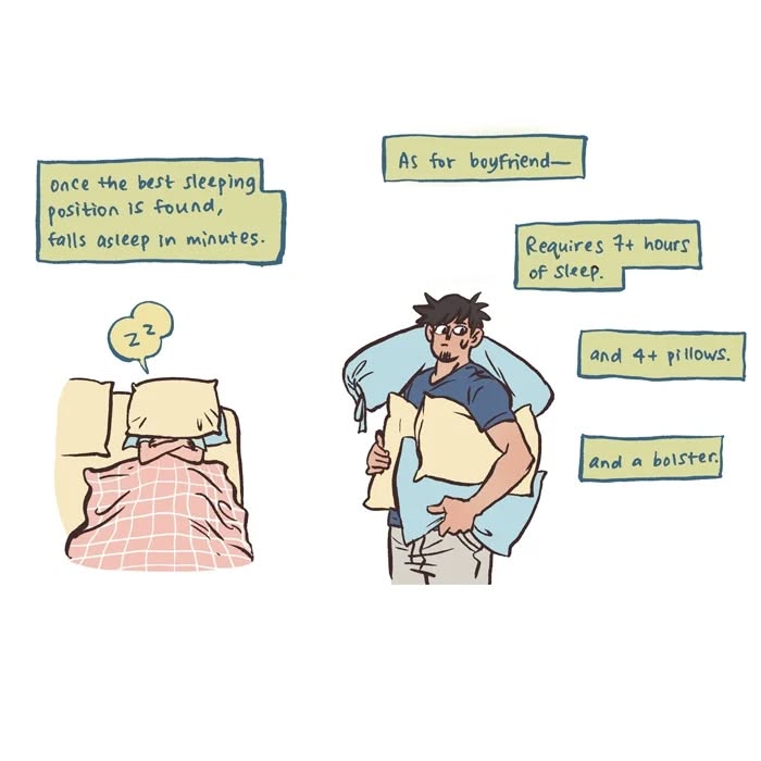 Illustration by Malaysian artist showing daily life with her tall, geeky husband, highlighting sleep habits and relatable moments.