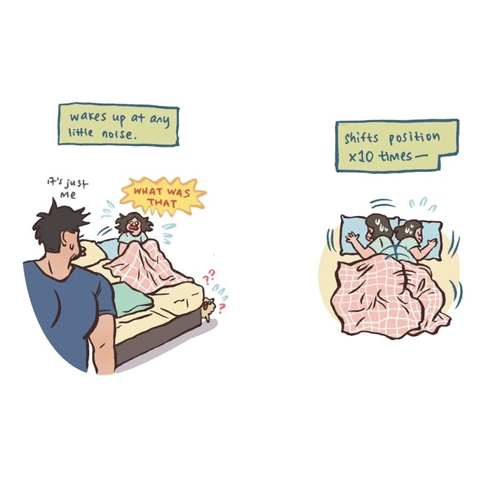 Illustration by Malaysian artist showing daily life with her tall, geeky husband, highlighting sleep habits and relatable moments.