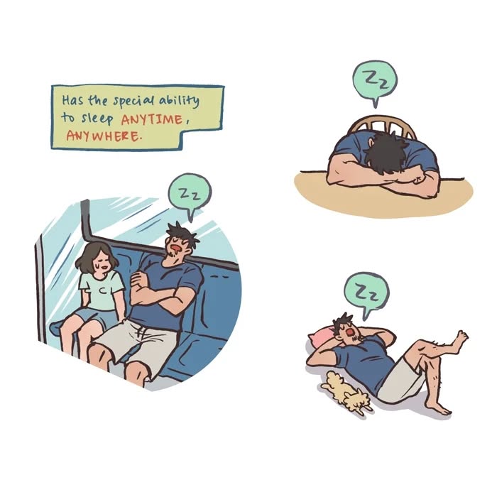 Illustration by Malaysian artist showing daily life with her tall, geeky husband, highlighting sleep habits and relatable moments.