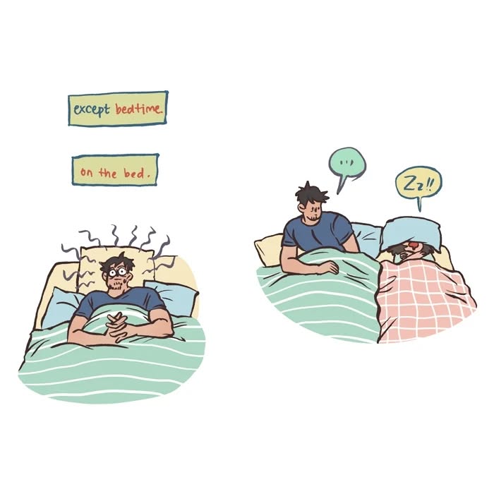 Illustration by Malaysian artist showing daily life with her tall, geeky husband, highlighting sleep habits and relatable moments.