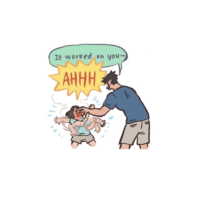 Cartoon by Malaysian artist showing a shy character asking about crushes and another excitedly responding, relatable comic style.