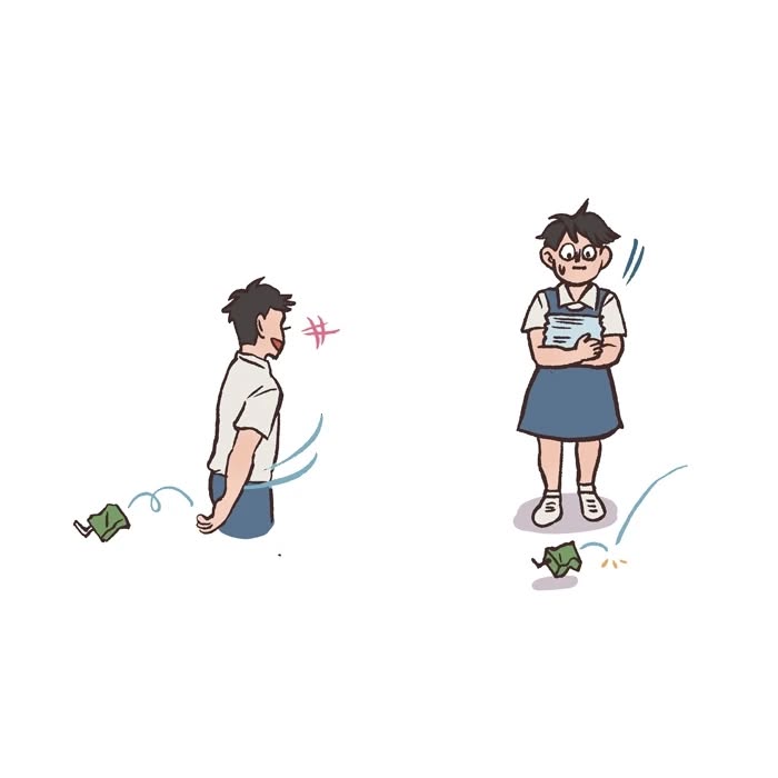 Cartoon by Malaysian artist showing a shy character asking about crushes and another excitedly responding, relatable comic style.