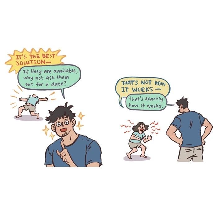 Cartoon by Malaysian artist showing a shy character asking about crushes and another excitedly responding, relatable comic style.