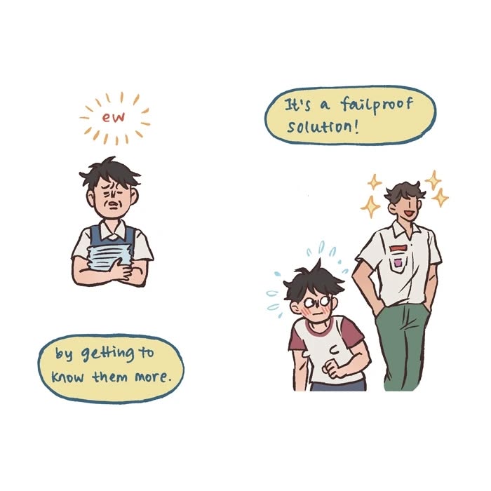 Cartoon by Malaysian artist showing a shy character asking about crushes and another excitedly responding, relatable comic style.
