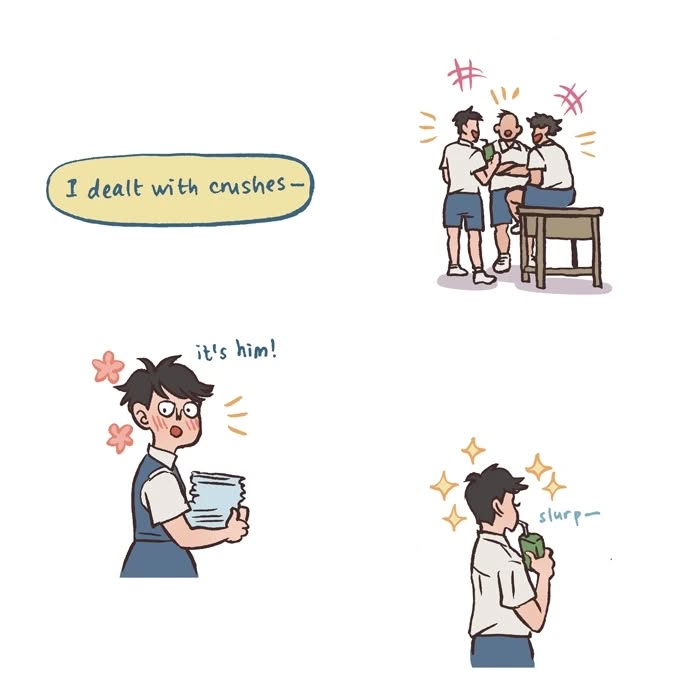 Cartoon by Malaysian artist showing a shy character asking about crushes and another excitedly responding, relatable comic style.