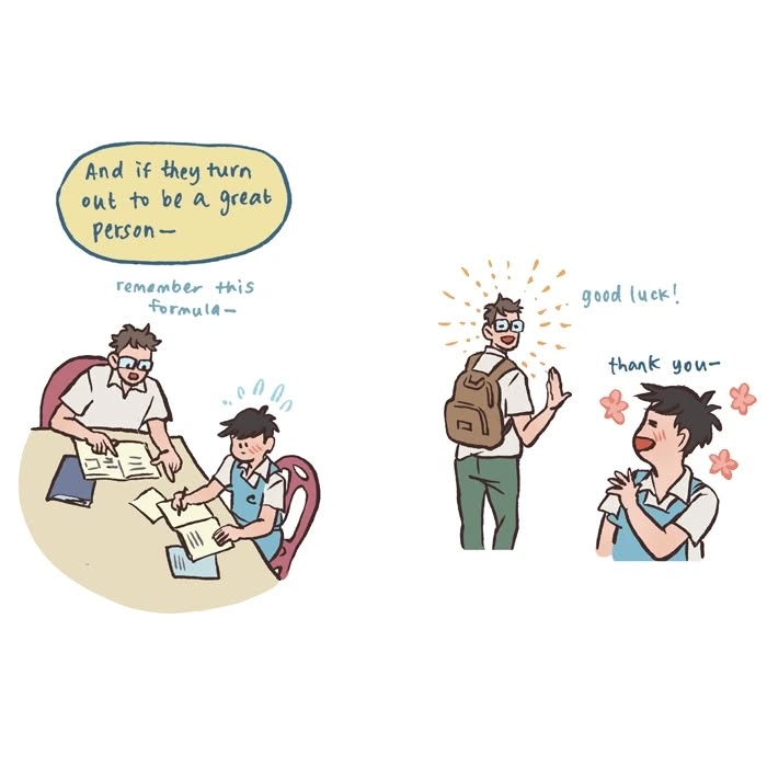 Cartoon by Malaysian artist showing a shy character asking about crushes and another excitedly responding, relatable comic style.