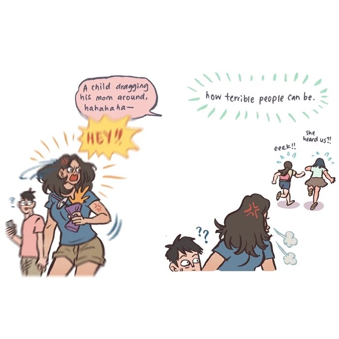 Malaysian artist’s relatable comic panel showing a woman nervously thinking about high heels for a date with her tall geeky husband.