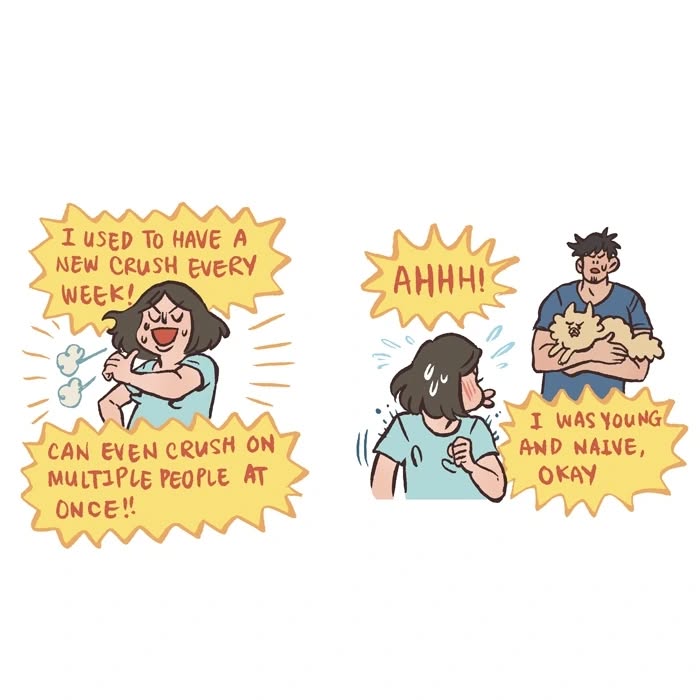 Cartoon by Malaysian artist showing a shy character asking about crushes and another excitedly responding, relatable comic style.