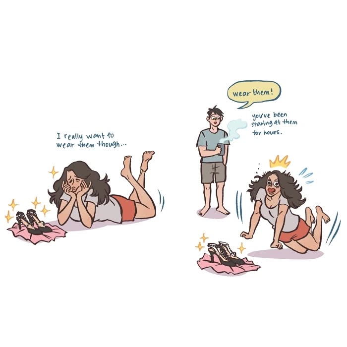 Malaysian artist’s relatable comic panel showing a woman nervously thinking about high heels for a date with her tall geeky husband.