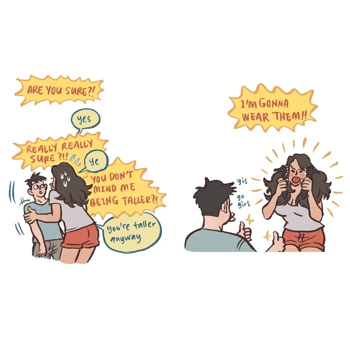 Malaysian artist’s relatable comic panel showing a woman nervously thinking about high heels for a date with her tall geeky husband.