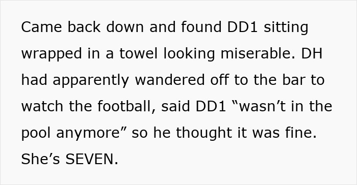 Tired mom finds let down and useless dad ignoring child wrapped in towel after pool incident at home.