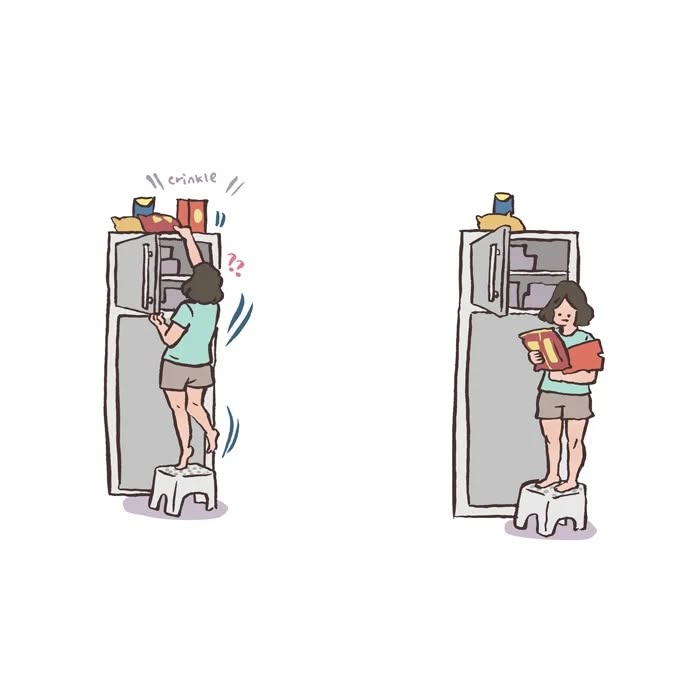 Malaysian artist cartoon of tall, geeky husband struggling to carry refrigerator door, relatable couple life humor.