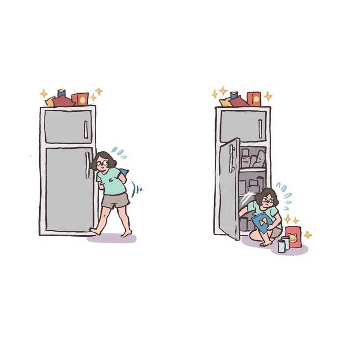 Malaysian artist cartoon of tall, geeky husband struggling to carry refrigerator door, relatable couple life humor.