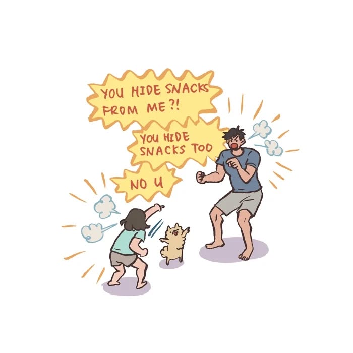 Malaysian artist cartoon of tall, geeky husband struggling to carry refrigerator door, relatable couple life humor.