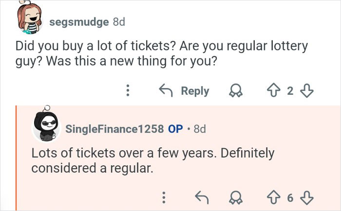 Screenshot of an online conversation about a person who won $7M in the lottery discussing their ticket buying habits.