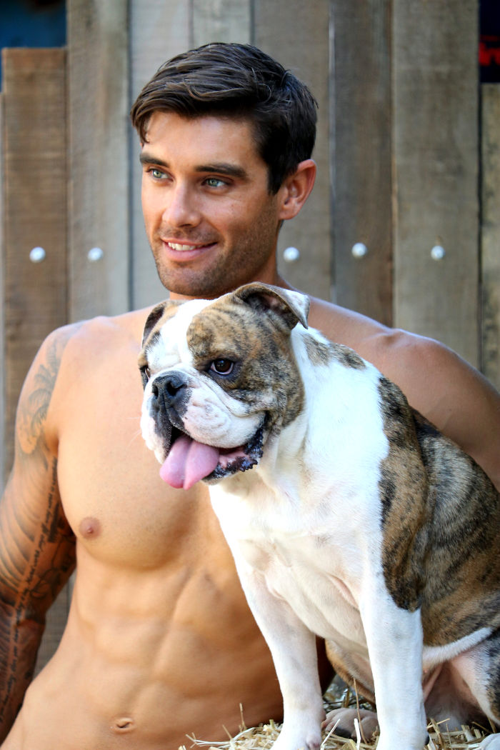 Shirtless firefighter posing with adorable bulldog for Australian calendar featuring heroic firefighters and dogs.