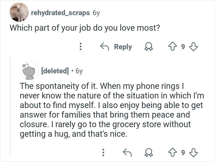 Reddit conversation highlighting coroners sharing stories about the spontaneity and emotional moments in their job.