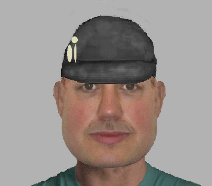 Digital police sketch of a man in a black cap with exaggerated facial features resembling a bad caricature.