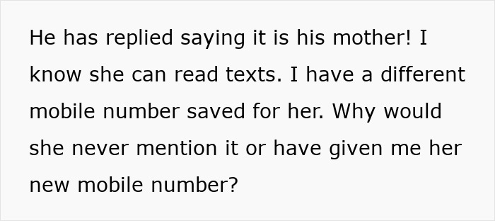 Text message conversation showing confusion about mystery calls from mother-in-law&rsquo;s mobile number not previously shared.