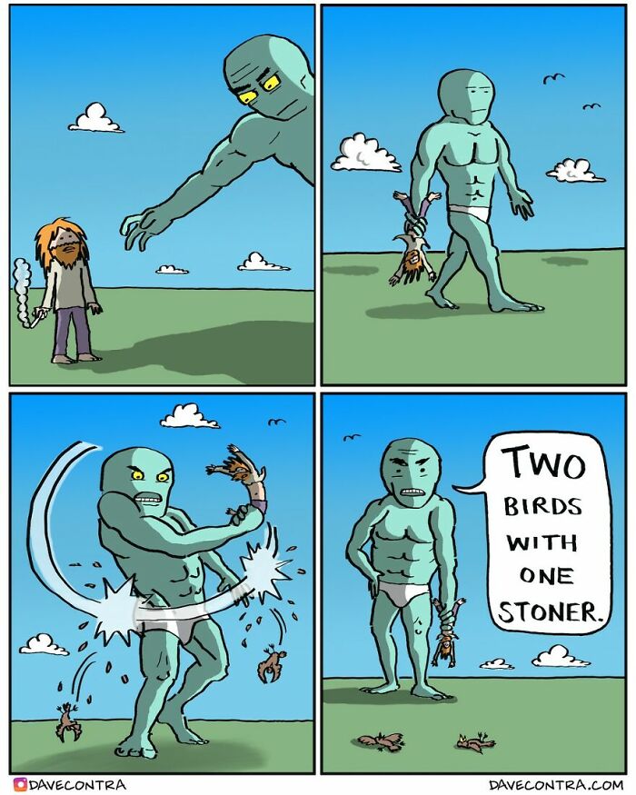 Comic strip by Dave Contra featuring a large blue character holding a small man in underwear in a twisted dark comic style.