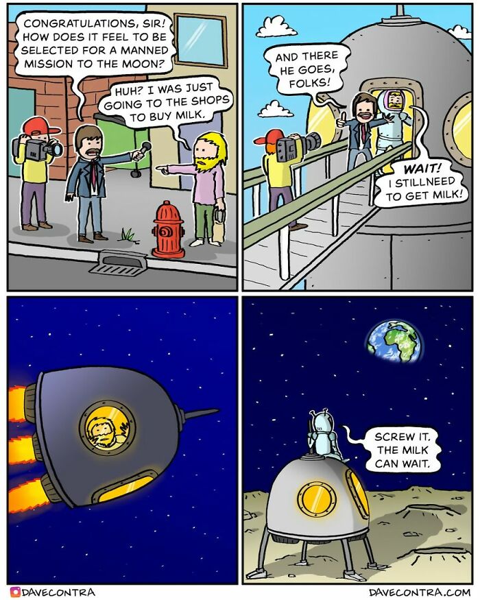 Comic panels showing a dark and twisted space mission comic by Dave Contra with humor about buying milk before launch.