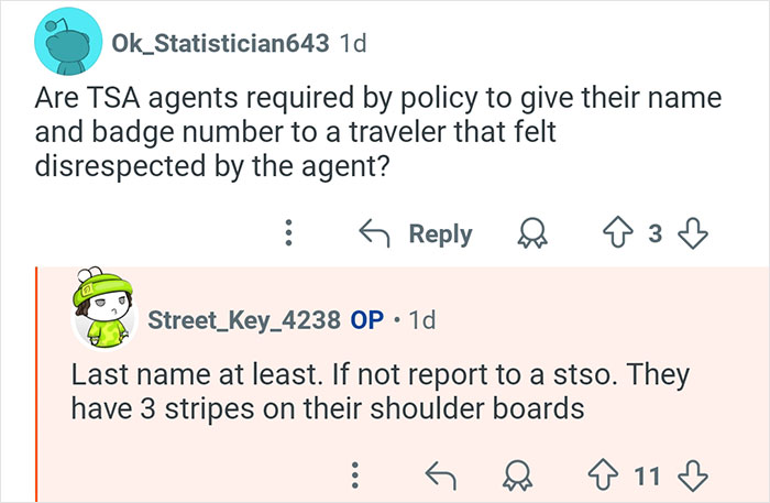 Screenshot of a Reddit Q&A with a former TSA worker answering common questions about TSA agent policies.