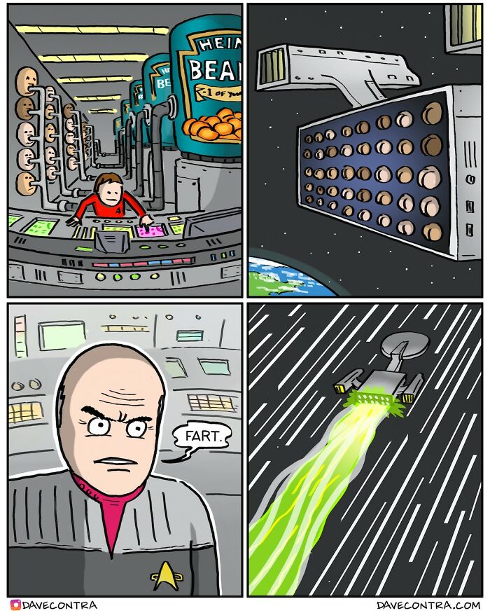 Dark and twisted comic panels by Dave Contra depicting a space-themed factory and humorous characters in action.