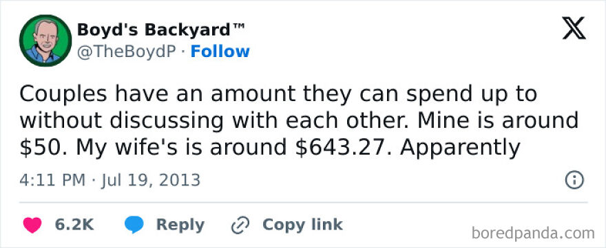 Tweet about couples' spending limits humorously highlighting dad and mom differences, fitting dad memes and jokes theme.