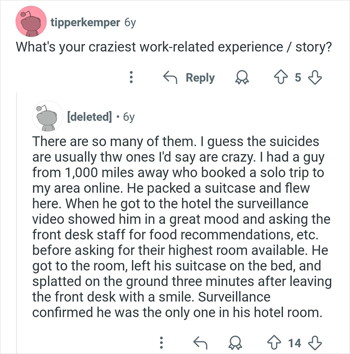 Reddit user shares a crazy coroners story about a s*****e case involving a solo traveler and hotel surveillance.