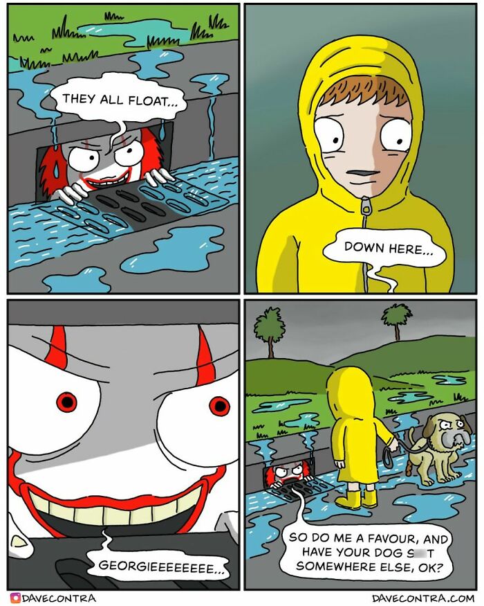 Dark and twisted comics featuring a clown and character in a yellow raincoat confronting horror in a storm drain.