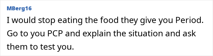 Comment text on a white background about stopping eating certain food and consulting a PCP regarding health concerns. Comment text on a white background about stopping eating certain food and consulting a PCP regarding health concerns.