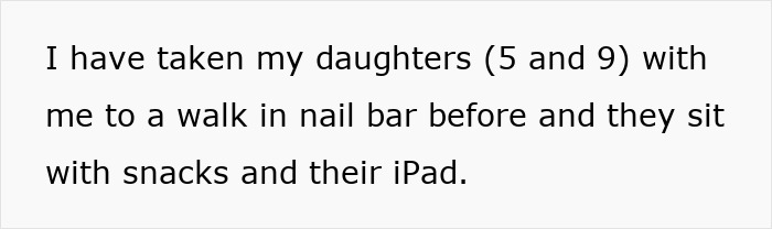 A mother taking daughters aged 5 and 9 to a nail bar where they enjoy snacks and use an iPad during their visit.