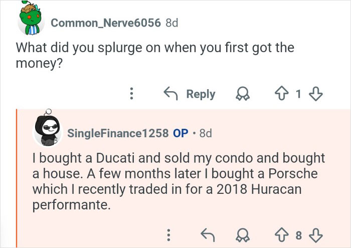 Reddit user sharing purchases including Ducati, house, and Porsche after winning $7M lottery, reflecting on life changes.