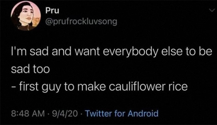 Tweet meme from Thunder Dungeon humor page showing a sad joke about cauliflower rice making others laugh out loud.
