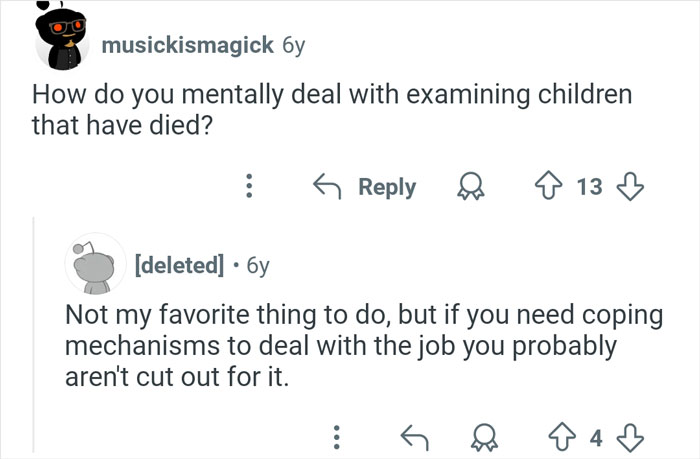Reddit conversation discussing mental challenges faced by coroners dealing with examining deceased children and coping mechanisms.