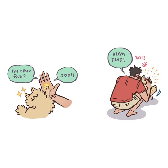 Illustration by Malaysian artist showing a fluffy dog sleeping and then alert with crinkle sounds, relatable life moments.