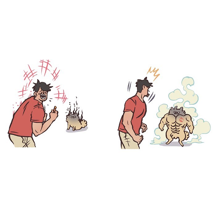 Illustration by Malaysian artist showing a fluffy dog sleeping and then alert with crinkle sounds, relatable life moments.