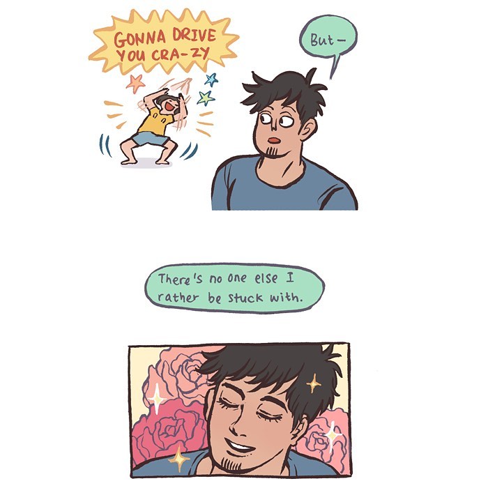 Malaysian artist cartoon showing a tall geeky husband and wife on a third date at a movie theater and dining together.